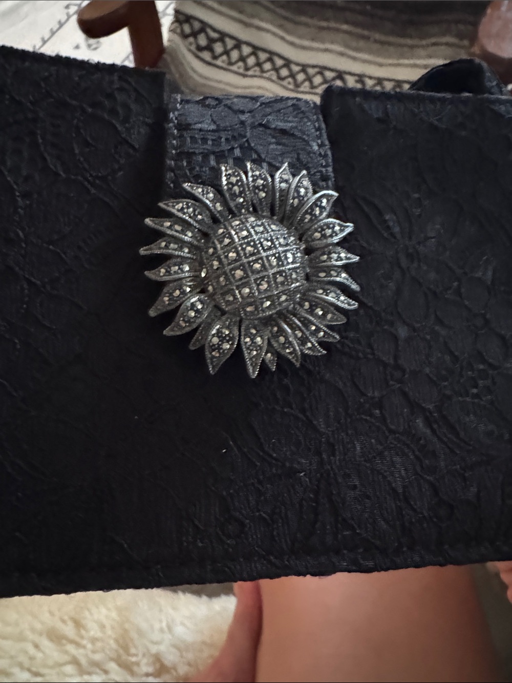 Vintage Judith Jack Black Lace Evening Bag Marcasite Sunflower Clasp , Italy - Picture 9 of 11